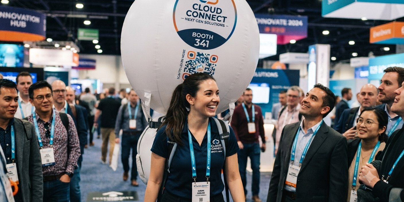A brand ambassador wearing an inflated balloon backpack advertising a trade show booth, walking the event floor and engaging with attendees