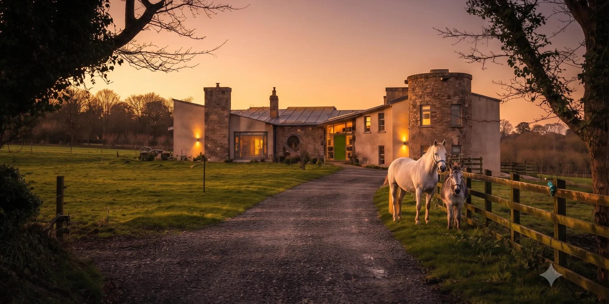 An Irish country home at dusk with a horse and donkey grazing by the driveway fence