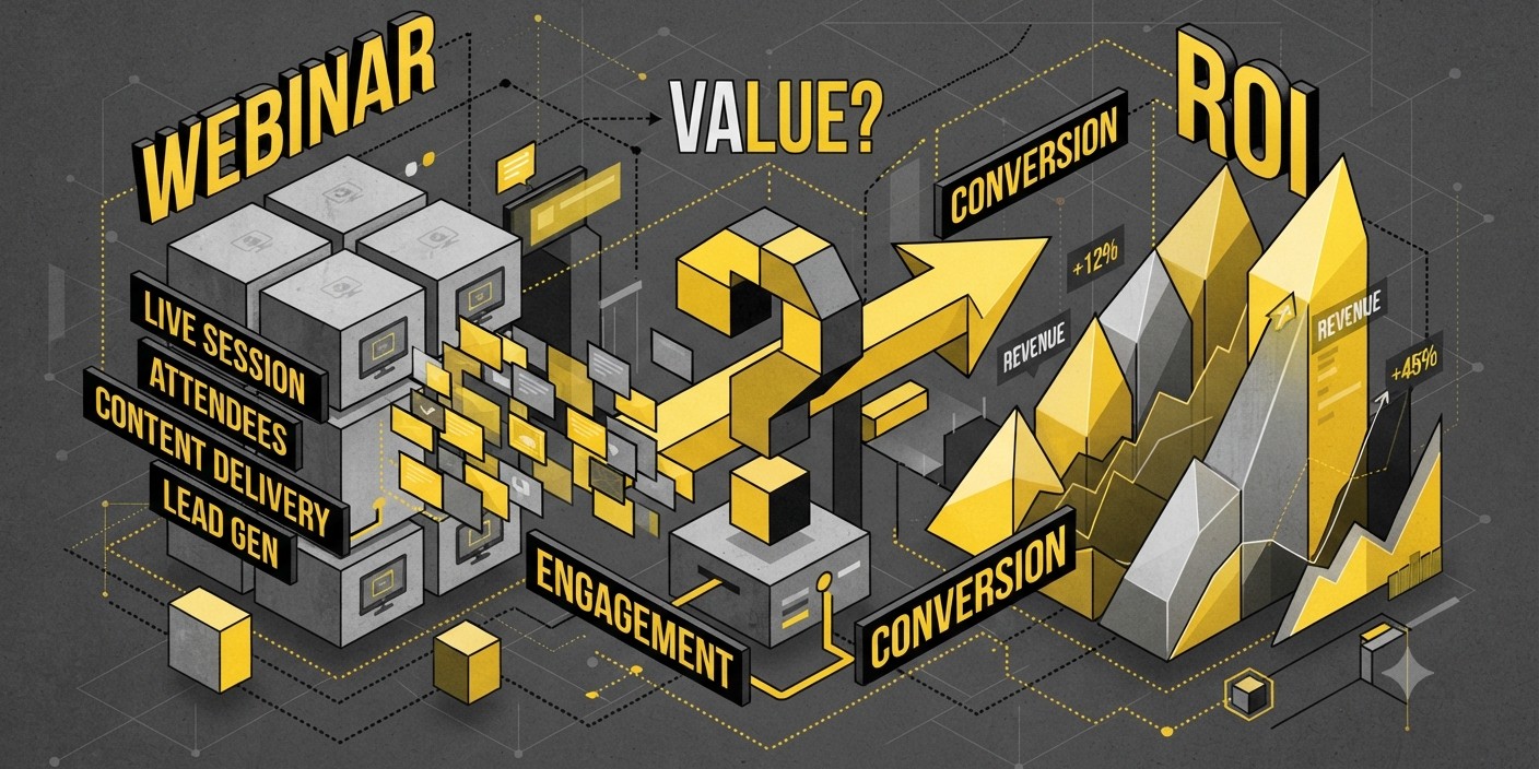 Isometric illustration of a webinar funnel turning engagement and conversion into ROI, with revenue growth charts showing +12% and +45%